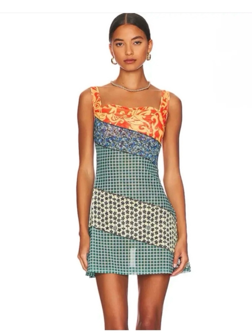 Miaou Mixed-Print Patchwork Mini Dress in Orange, Blue, Green, Cream